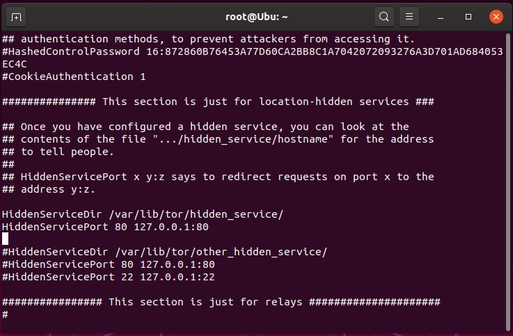 torrc hidden service section with HiddenServiceDir and HiddenServicePort uncommented