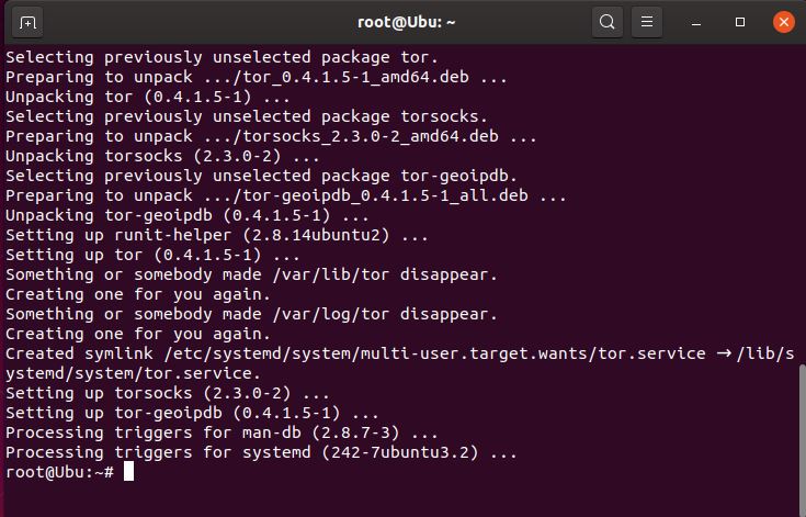 Terminal showing apt install tor completing on Ubuntu