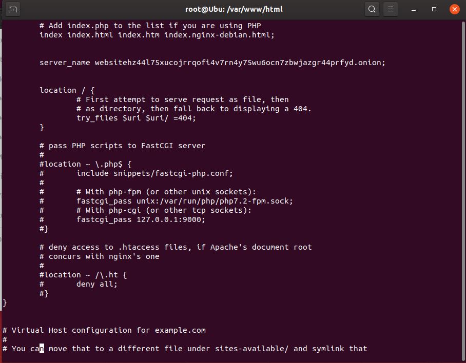 NGINX default site showing the commented PHP FastCGI location block
