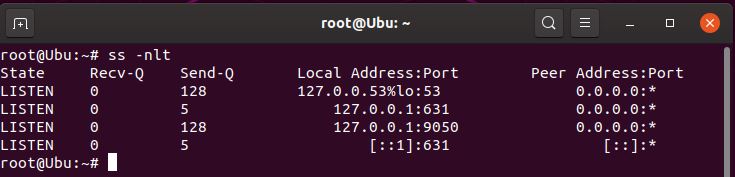 ss -nlt output listing a listener on port 9050