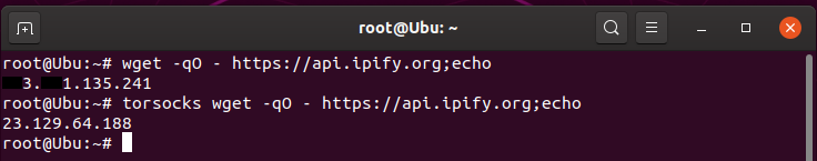Two IP lookups, one direct and one via torsocks, showing different addresses