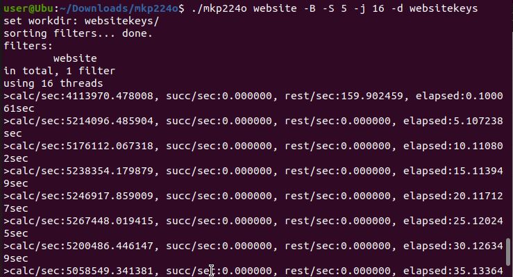 Ubuntu terminal running mkp224o and printing generation statistics